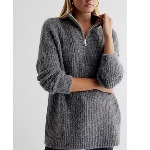 Express Classic Wool Blend Ribbed Fuzzy Knit Quart Zip Tunic Sweater Size Large